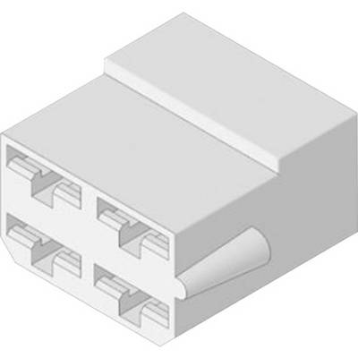 Et 3D-diagram af en rektangulær stik med fire tilslutninger, som viser tilslutningsstederne og den generelle form.