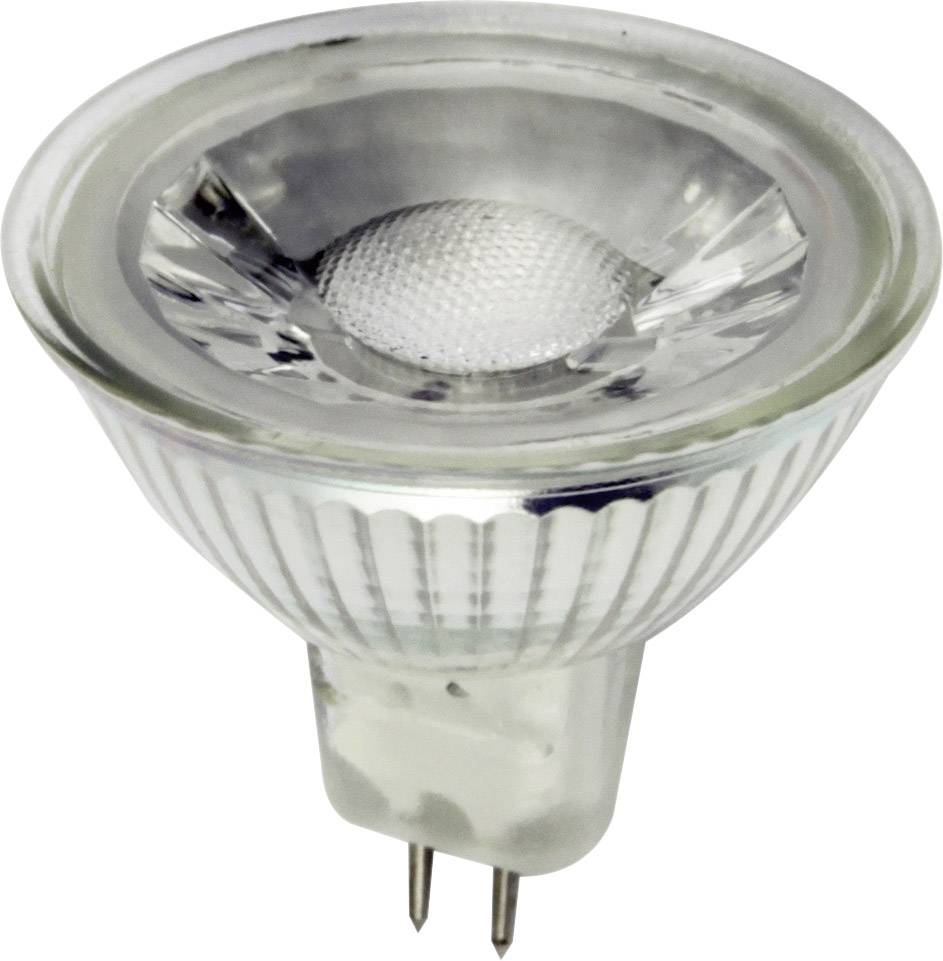 Halogenreflektorlampe med to metalstifter til fastgørelse. Den har en transparent glasoverflade og en reflekterende indvendig side.