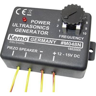Lille, rektangulær ultralydsgenerator med justerbar frekvens og forbindelsesledninger. Tekst: 'Power Ultrasonics Generator', 'Kemo'.