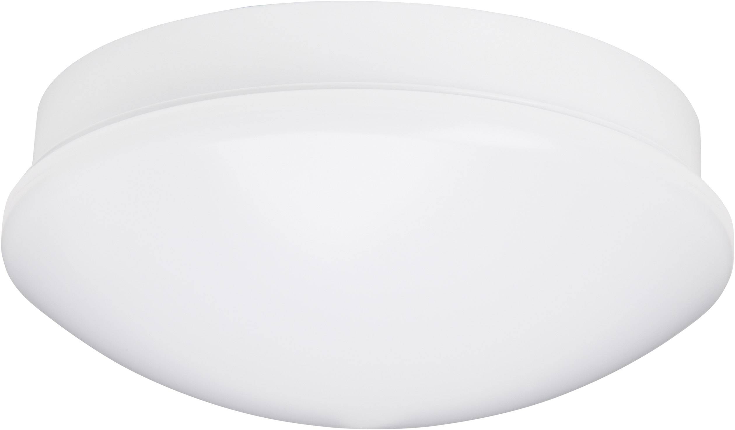 Rund, hvid loftslampe med enkelt design, velegnet til beboelsesrum eller kontorer.