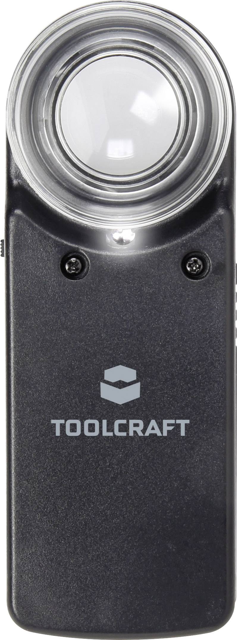 Sort lup med LED-lys og påskriften 'TOOLCRAFT' på forsiden.