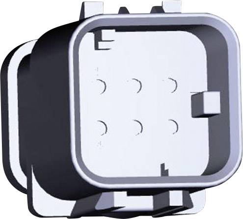 Sort og sølvfarvet stikforbindelse med seks ben, rektangulær form, til forbindelse af elektroniske enheder.