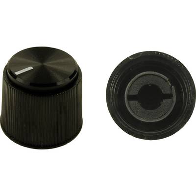 To Danish:<br><br>'To sorte drejeknapper, set fra oven og fra siden. De er cylinderformede med riflet overflade.'