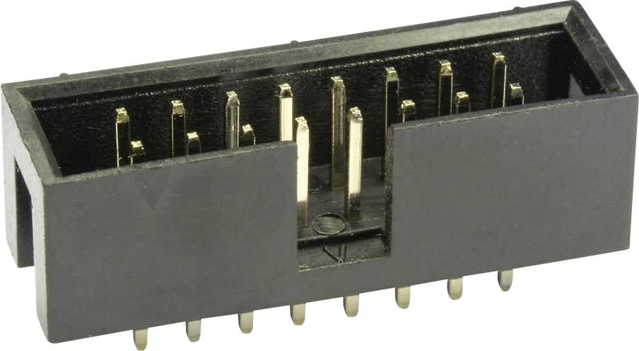 En sort, rektangulær elektronikstik med flere gyldne ben, som bruges til elektrisk forbindelse i enheder.