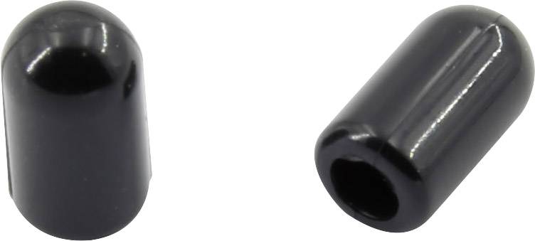 To svarte, cylinderformede plastikdæksler til kabelender, placeret ved siden af hinanden på en hvid baggrund.