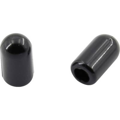 To svarte, cylinderformede plastikdæksler til kabelender, placeret ved siden af hinanden på en hvid baggrund.