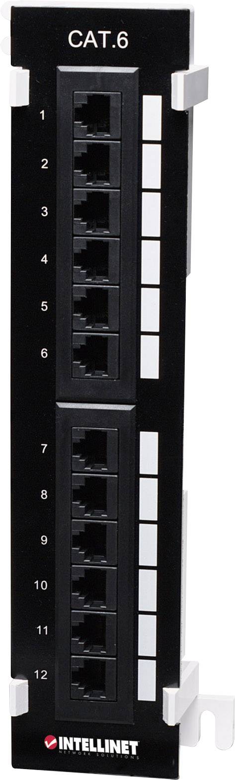 Et sort patchpanel med 12 netværksstik, hver nummereret fra 1 til 12, og forsynet med påskriften 'CAT.6'.