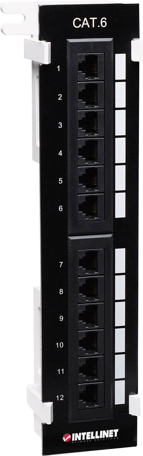 Patchpanel CAT.6 med 12 Ethernet-stik, vertikal placering, sort frontplade. Egnet til netværksforbindelser.