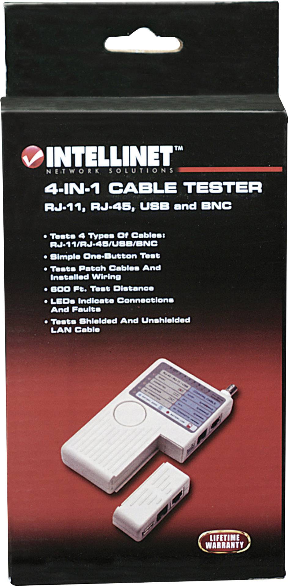 Emballage til en 4-i-1 kabeltester fra Intellinet. Tester RJ-11, RJ-45, USB, BNC. Funktioner og egenskaber oplistet.