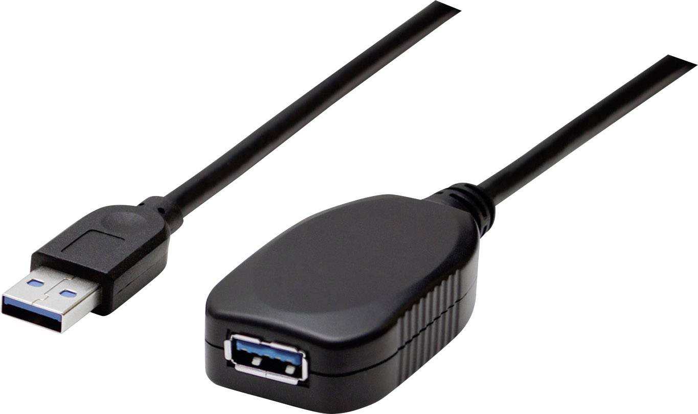 USB-forlængelseskabel, sort, med en USB-stik på den ene side og en USB-port på den anden side, egnet til dataoverførsel.