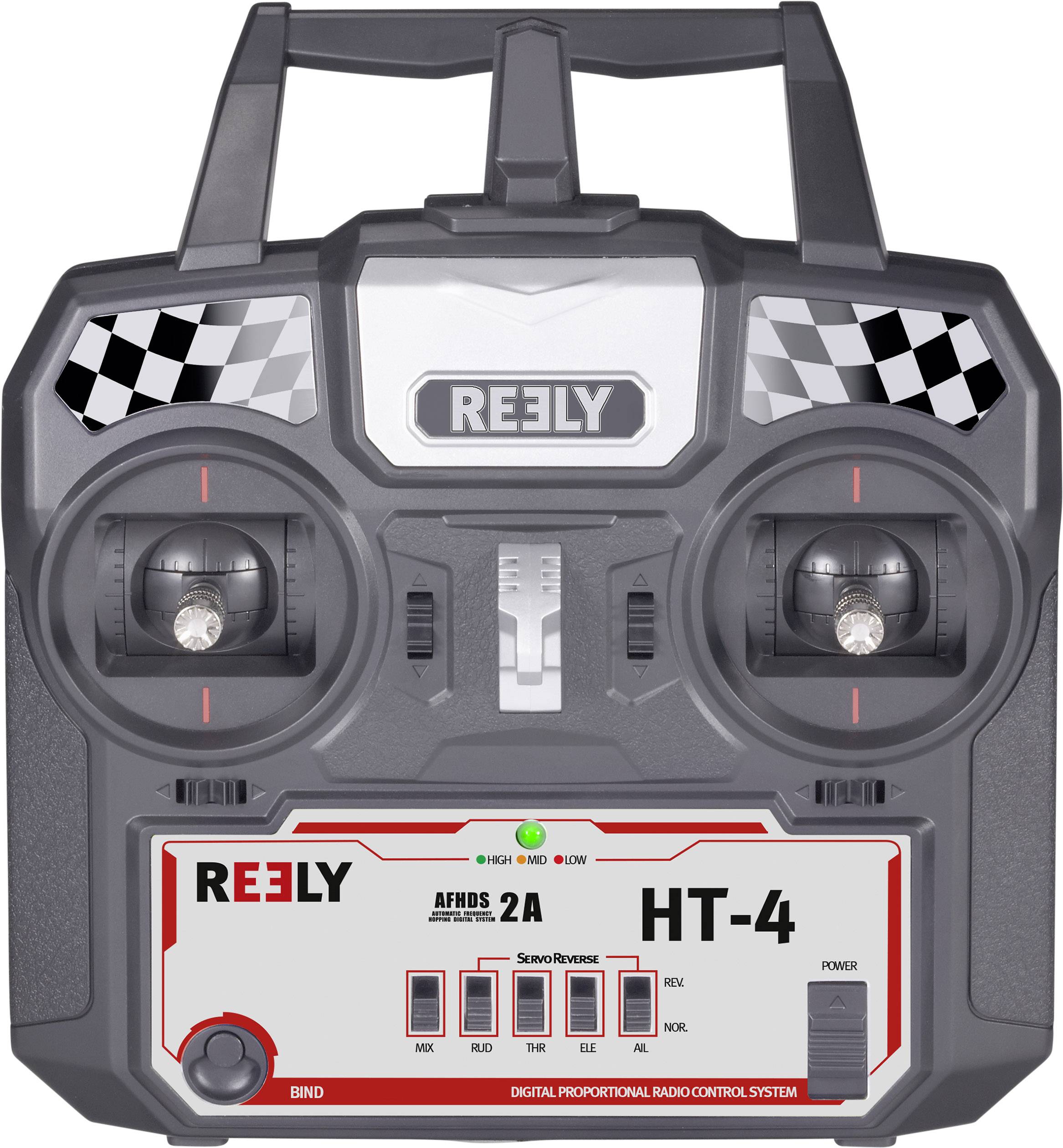 En sort og grå RC-fjernbetjening med to styrepinde og en skærm, model 'REELY HT-4', med ternede mønstre.