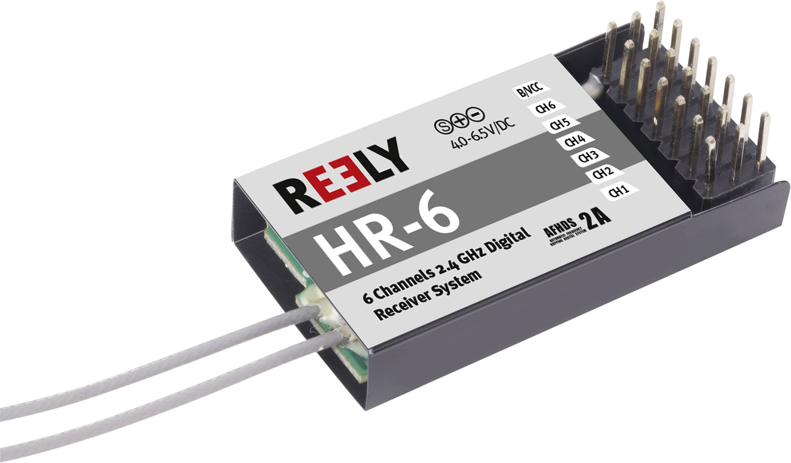 'Reely HR-6, 6-kanals, 2,4 GHz digital modtager, 4,8-6 V/DC, 2 A, med tilslutningsstik og antennekabler, til fjernstyrede modeller.'