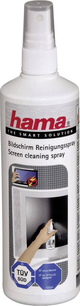 Flaske Hama skærmrensningsspray med sprayhoved, påskrift på dansk og engelsk, illustration af anvendelse på en skærm.