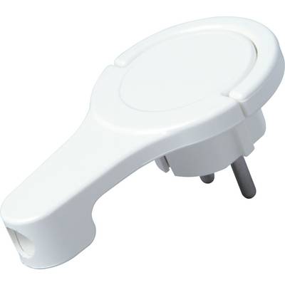 En hvid stikdåse-sikkerhedsstop med afrundet håndtag og to metalstifter viser sikkerhedsfunktioner for stikkontakter.