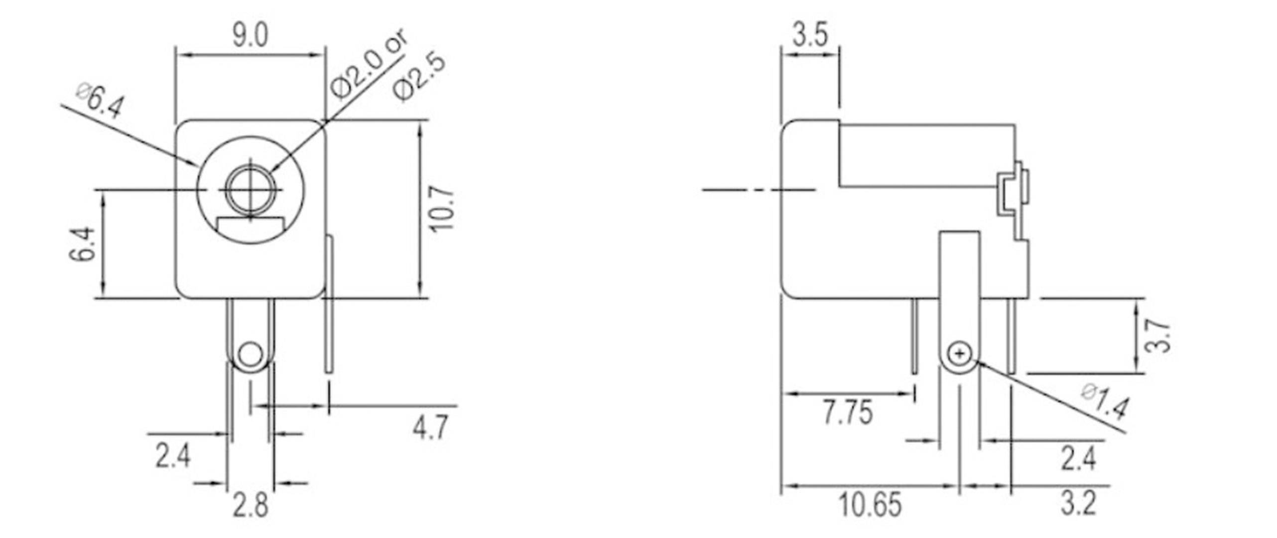 Teknisk tegning af en elektrisk komponent med mål og specifikationer. Viser for- og sideview med forskellige dimensioner.