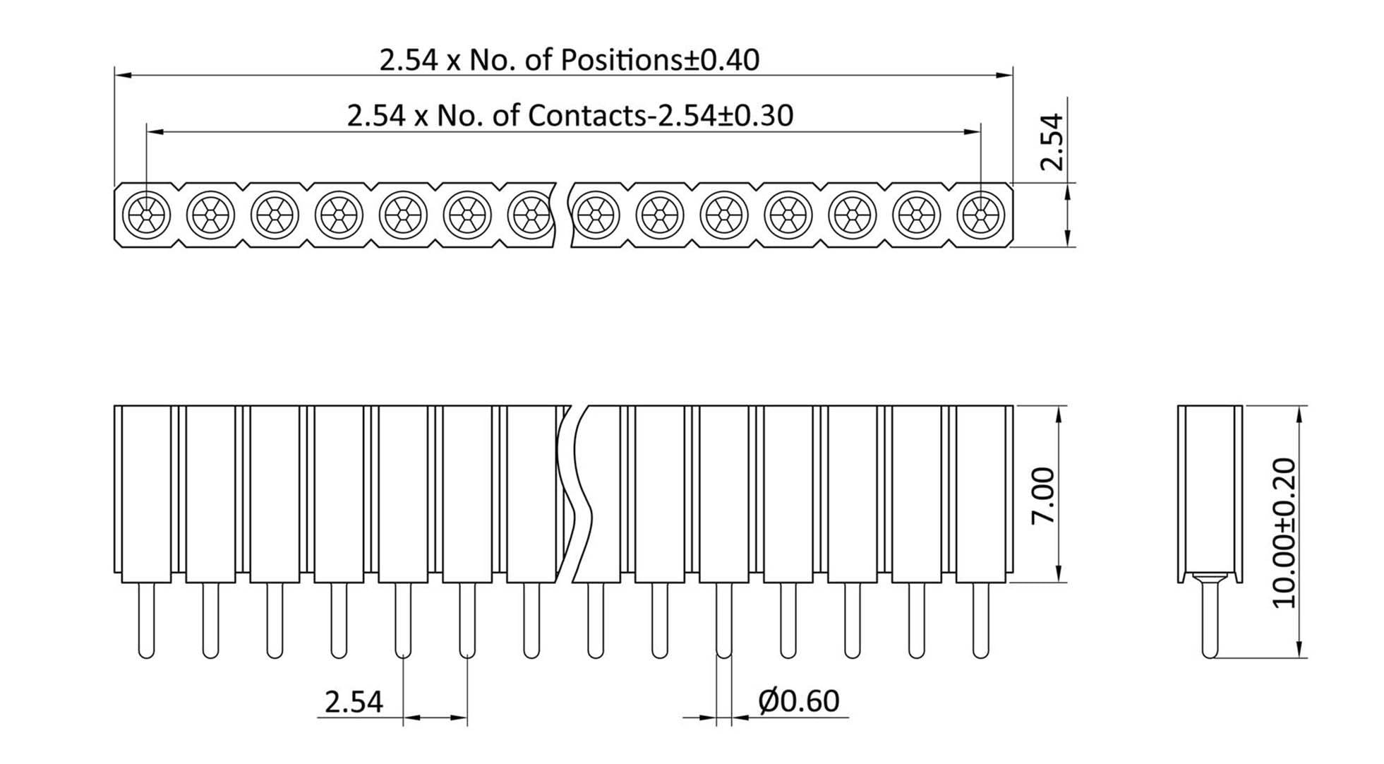 Teknisk tegning af stikforbinder: 10-polet, 2,54 mm rastermål, loddepin med 0,60 mm diameter, højdeangivelse 10 mm.