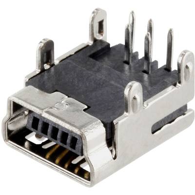 USB-B-stik, rektangulær form, med fire synlige ben og metalkappe. Bruges til tilslutning af USB-kabler til enheder.