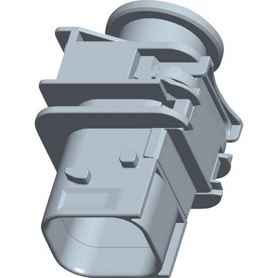 3D-renderingsmodel af en grå stikforbinder, set fra siden, med synlige låseelementer og slangeforbindelse.