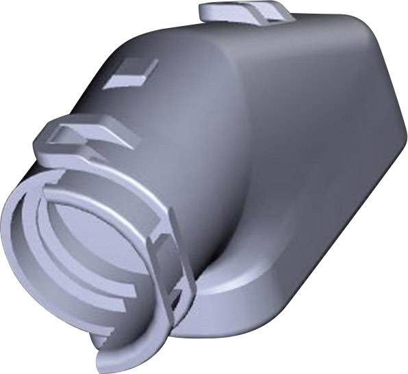 Sølvfarvet mekanisk komponent, sandsynligvis en klemme til elektriske ledninger. Cylindrisk form med monteringshuller.