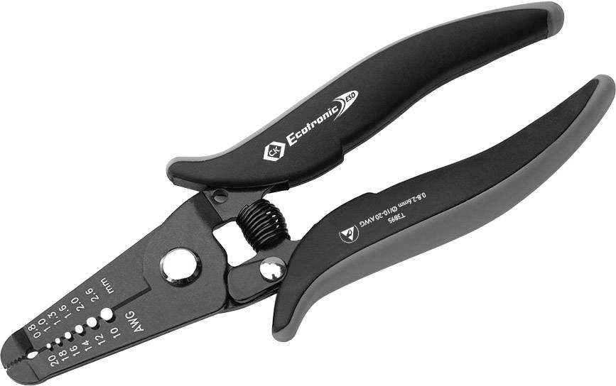 Sort afisoleringstang med skala til forskellige kabeldiametre. Den har en fjeder og ergonomiske håndtag.