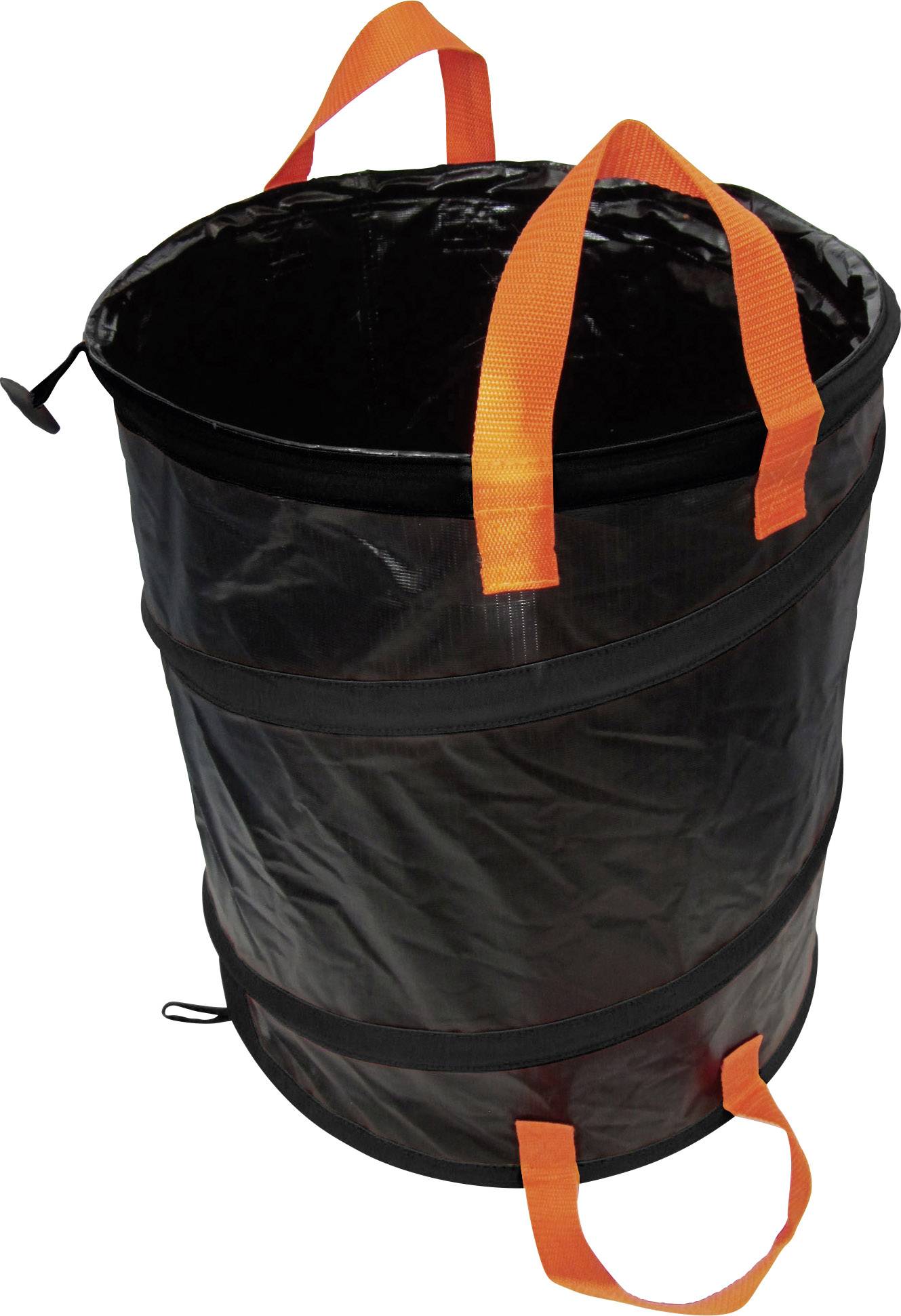 En sort, pop-up haveskraldespand med orange håndtag. Velegnet til indsamling af blade og havaffald.