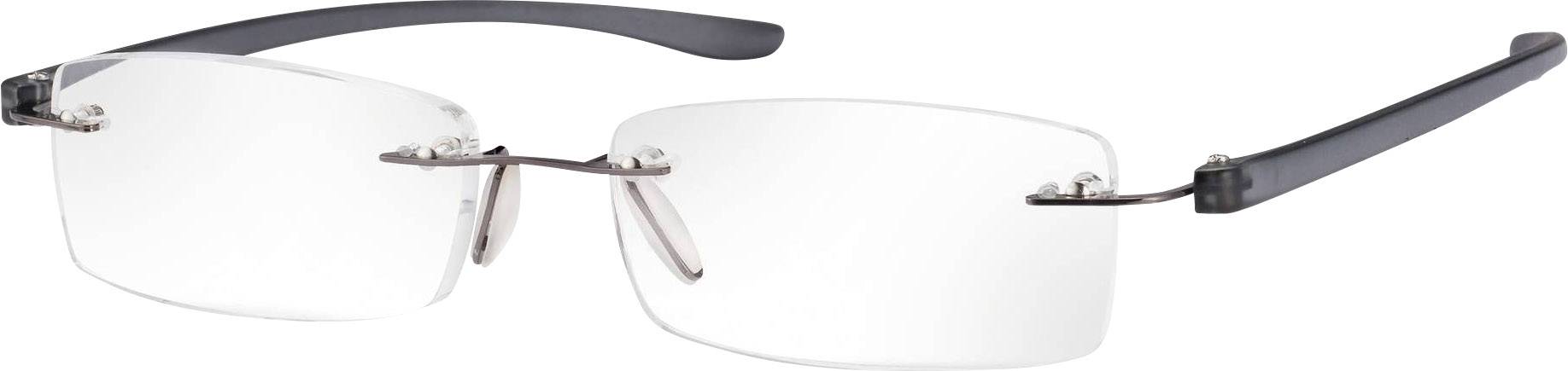Brille uden ramme med rektangulære, transparente glas og mørke stænger, enkelt og moderne design.