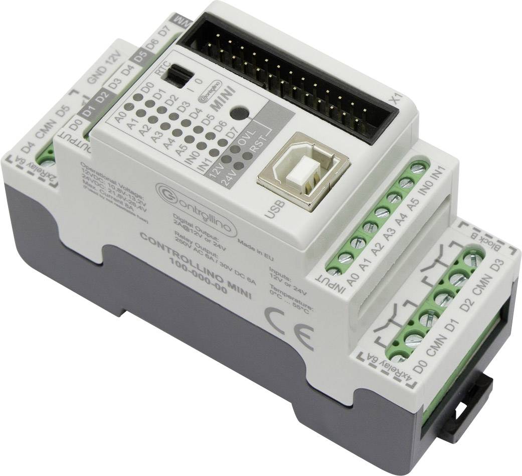 Elektronisk styreenhed med USB-port og flere forbindelsesklemmer til forskellige indgangs- og udgangsmuligheder.