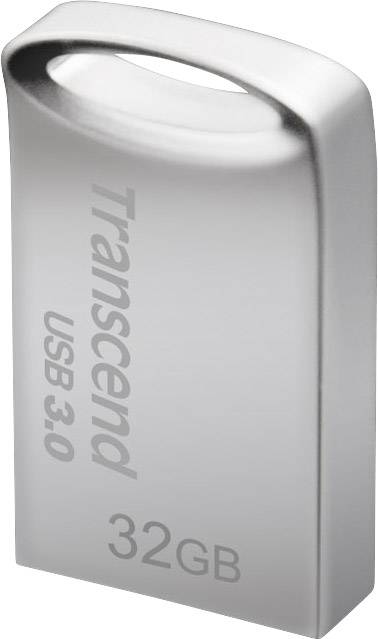Sølv USB-stik med påskriften 'Transcend USB 3.0 32GB', som viser lagringskapaciteten og USB-versionen.