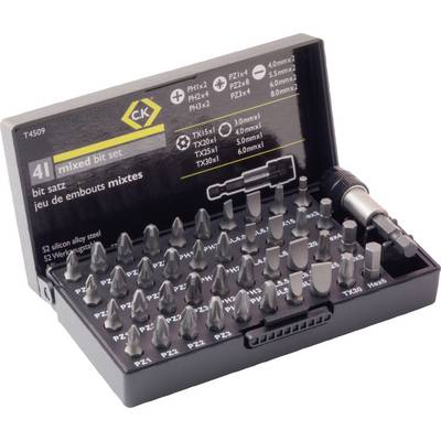 Bitssæt med 41 dele i sort etui, inkl. kryds- og Torx-bits i forskellige størrelser, med magnetadapter.