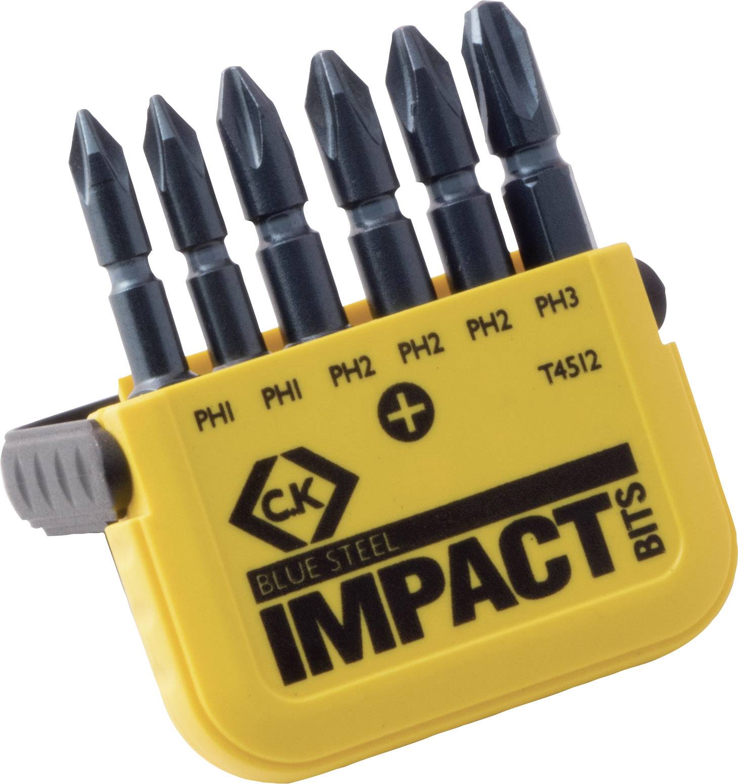 Gult sæt 'IMPACT BITS' med seks blå skruetrækker-bits, mærket fra PH1 til PH3. Varemærkelogo 'C.K BLUE STEEL' synligt.