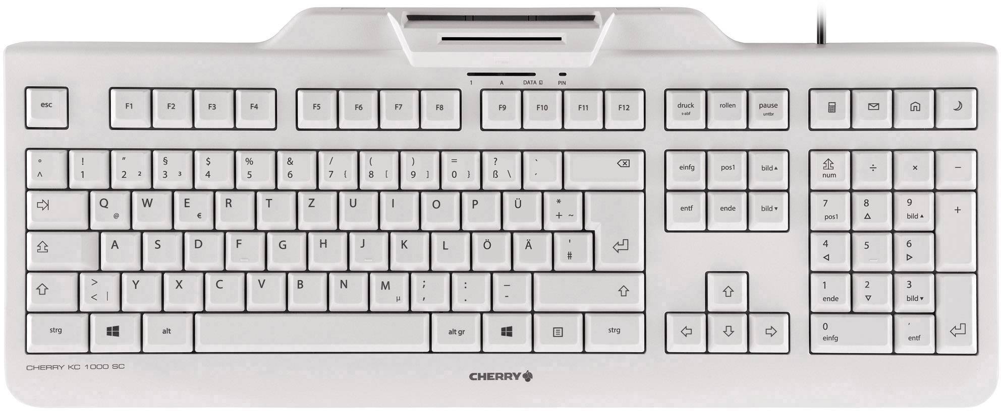 Hvid computertastatur med standardlayout, inklusive numerisk tastatur og funktionstaster.