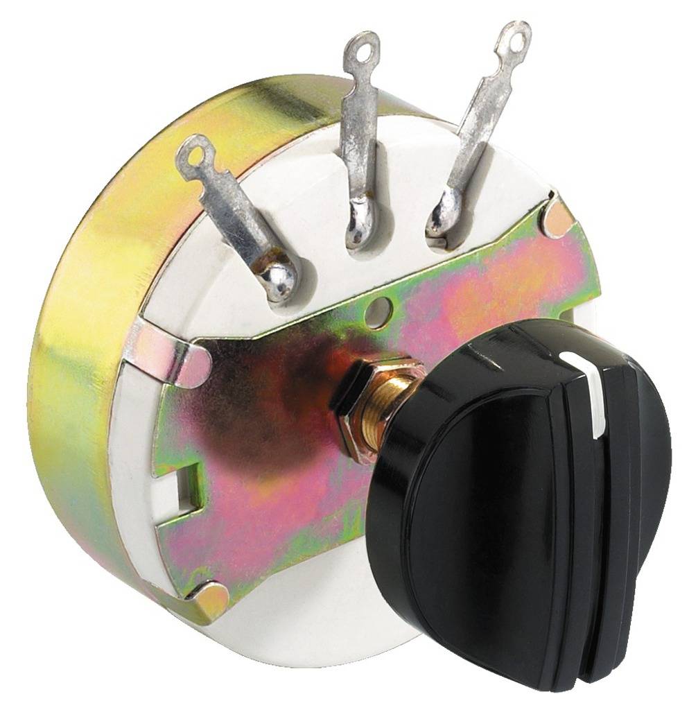 Drejepotentiometer med tre tilslutninger og en sort drejeknap, monteret på et rundt metalkarosseri.