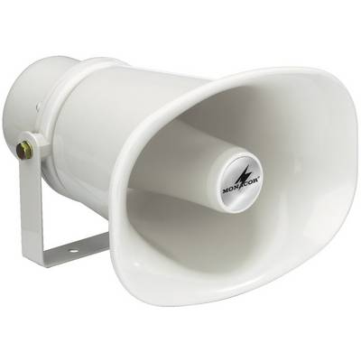 Hvid højtaler med trompetformet design, monteret på et metalbeslag, markeret med et lynsymbol på forsiden.