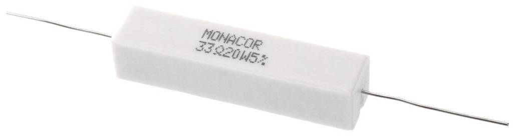 En hvid cylindrisk høj-effekt-modstand med påskriften 'MONACOR 33Ω 20W ±5%'.