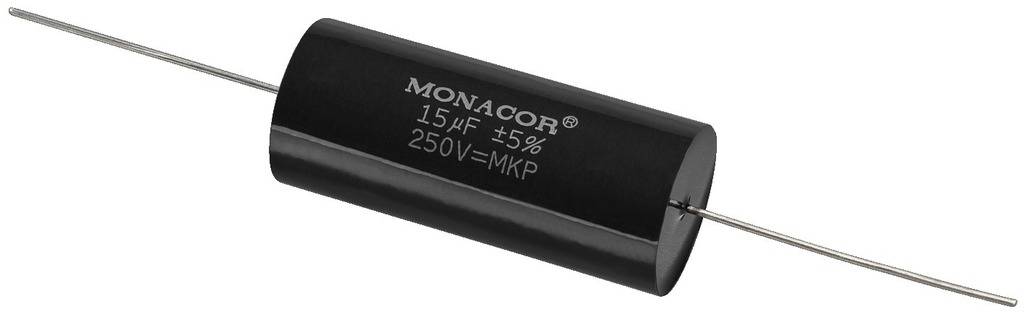 Sort cylindrisk kondensator med påskriften '15 µF ±5%, 250V=MKP'. Ledninger, der rager ud på begge sider til tilslutning.