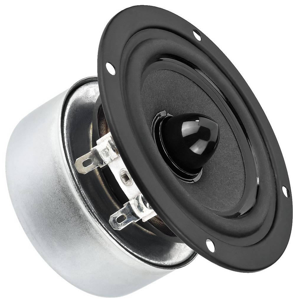En sort højtaler set fra siden, med afrundet metalchassis og synlige tilslutninger, viser tekniske detaljer ved enheden.