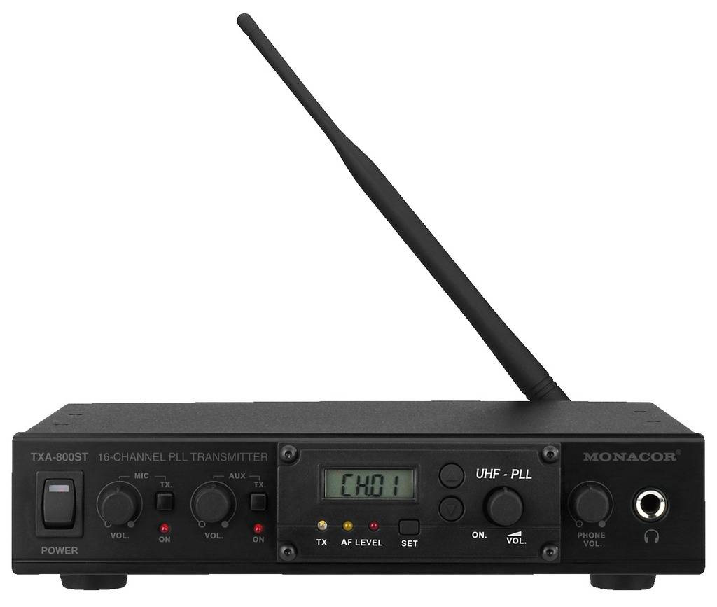 En sort, rektangulær UHF-PLL-sender med et centralt display, flere knapper og en lang antenne øverst til højre på enheden.