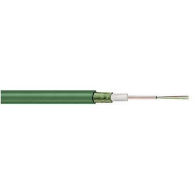 Et grønt glasfiberkabel med flere glasfibre i tværsnittet. Det viser beskyttelseslagene og de indre fibre.