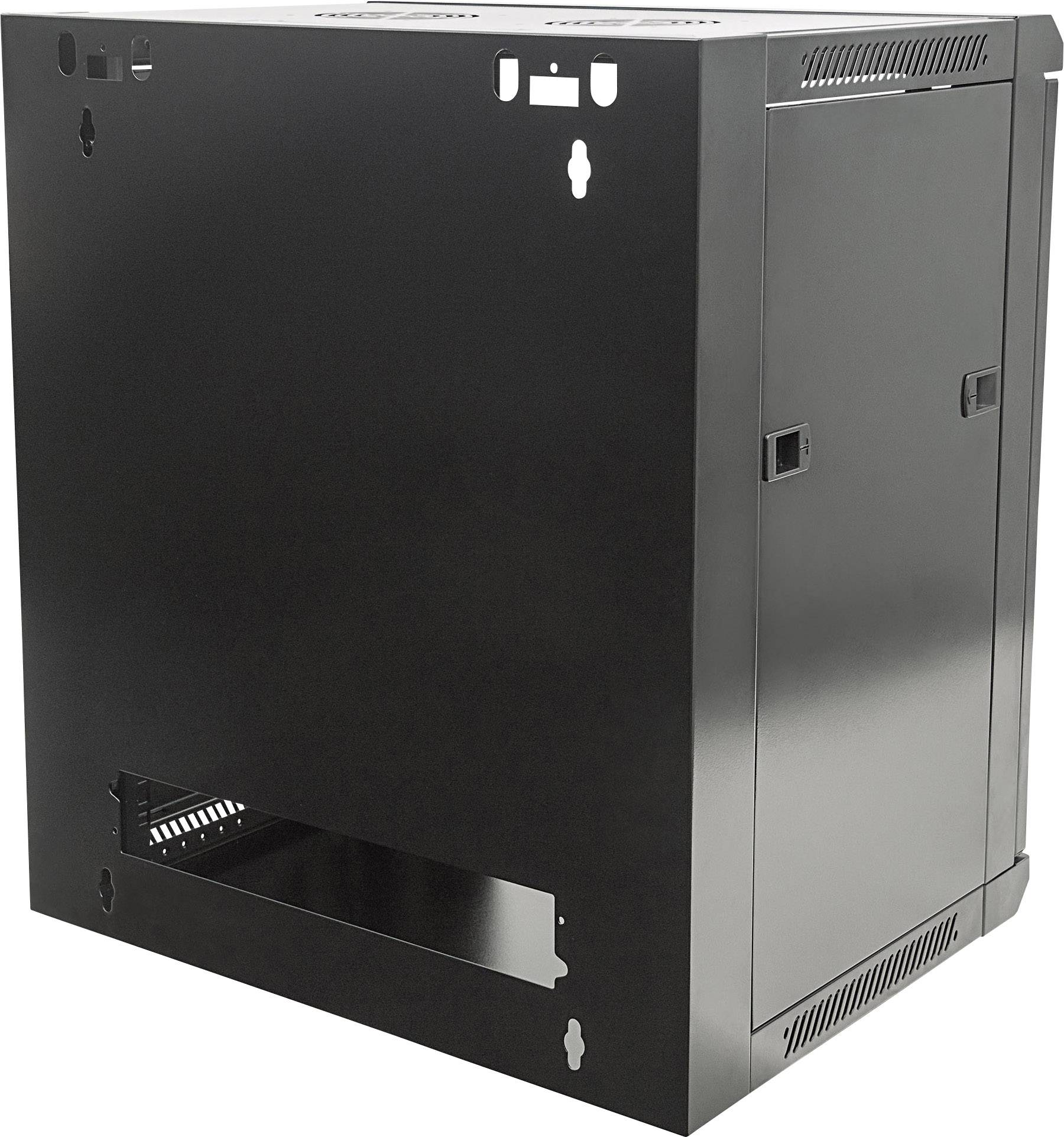 Et sort, rektangulært kabinet med ventilationssprækker og beslag i siderne, egnet til vægmontering af elektroniske enheder.