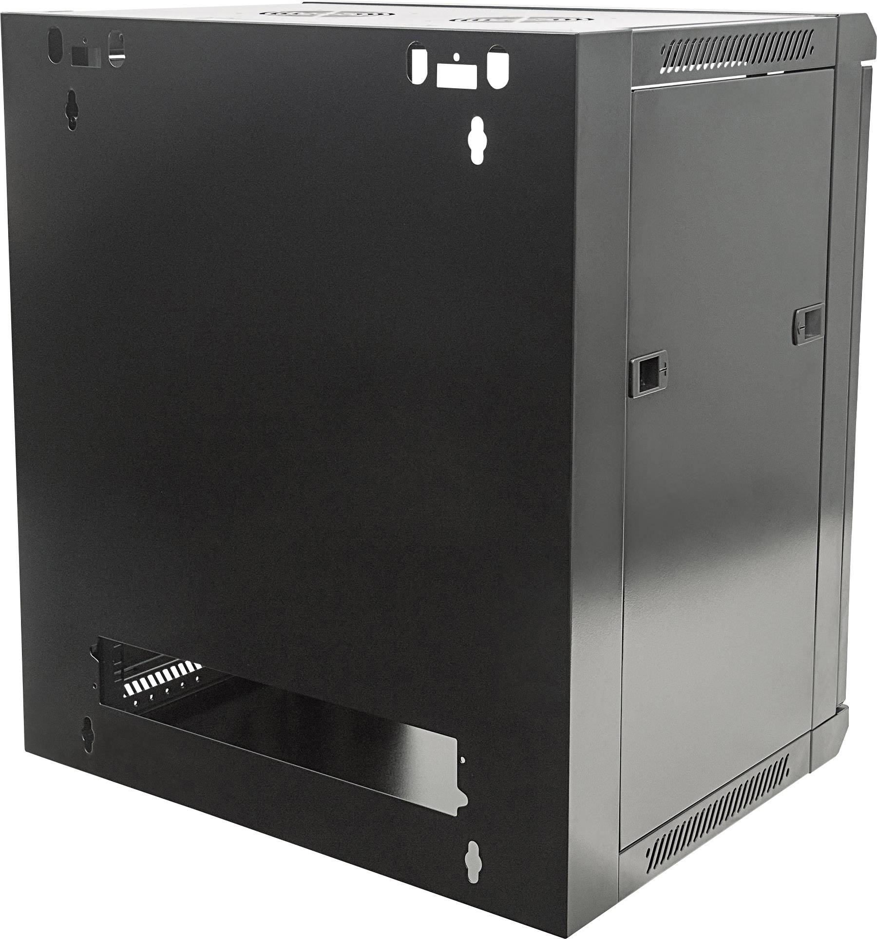Et sort serverrack-kabinet med ventilationsåbninger i siderne. Egnet til vægmontering til netværks- og serverkomponenter.