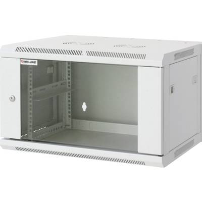 Metallic serverrack-kabinet med glasdør, til vægmontering, varemærke i øverste venstre hjørne, uden medfølgende udstyr.