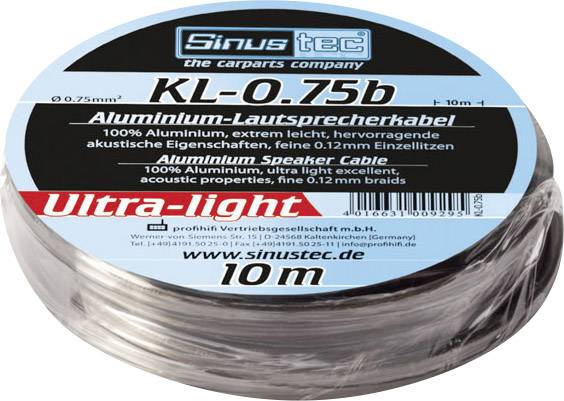 Rolle af Sinustec aluminiums-højttalerkabel, model KL-0.75b, 10 meter lang. Påtrykt: 'Ultra-let'.