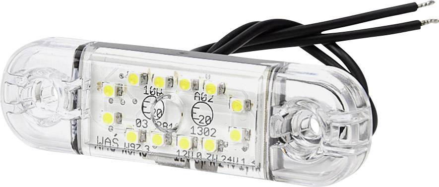 Transparent LED-lampe med flere gule dioder og to sorte ledninger til strømforsyning. Egnet til køretøjer.