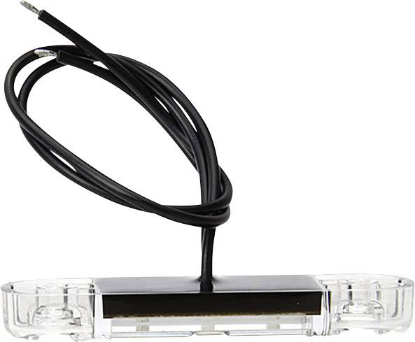 Et gennemsigtigt, rektangulært LED-baglygte med sort kabel, egnet til cykler.