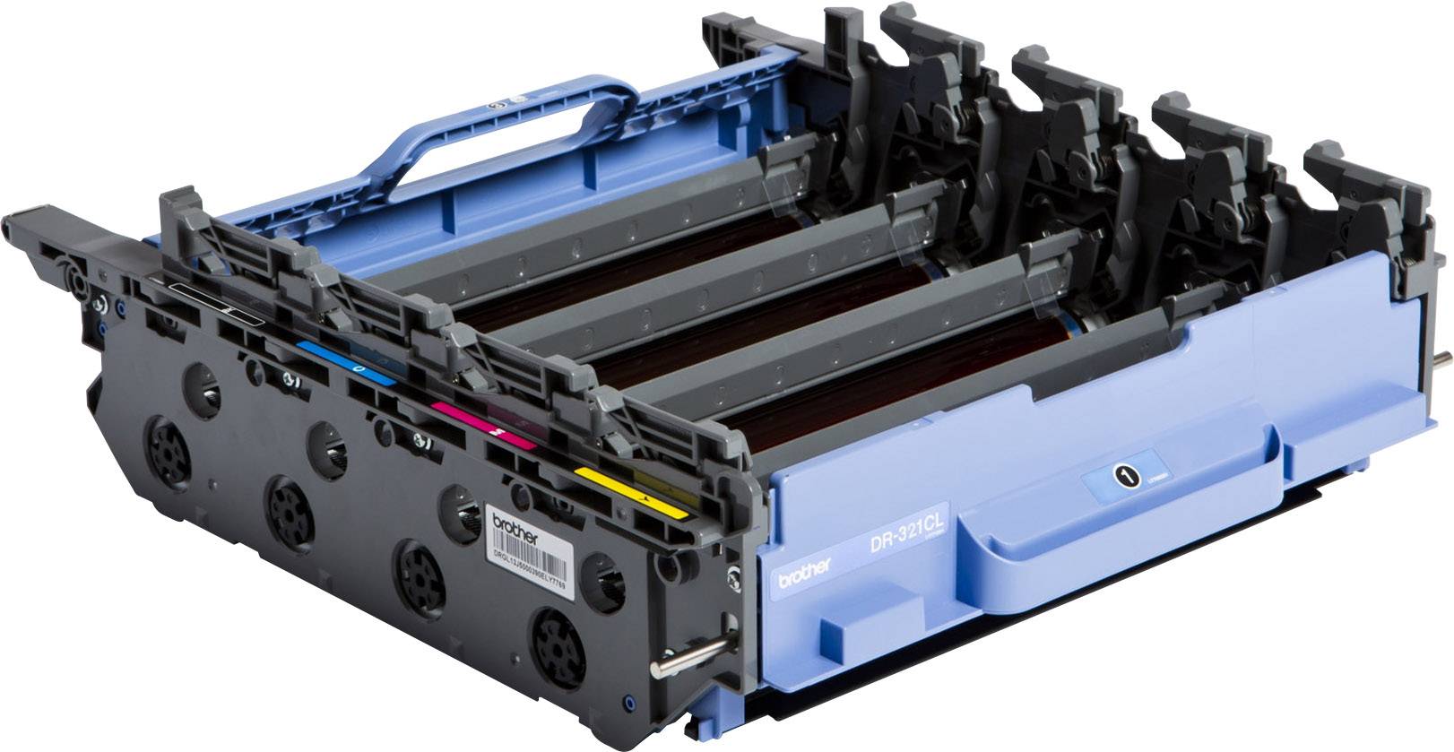 Brother DR-321CL tromleenhed i blå farve med fire spor, designet til farveprinter. Viser placeringerne af tonerenheder.