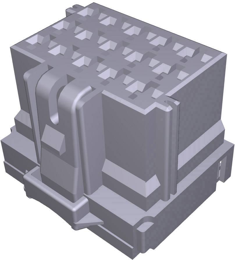 Grå, kubisk 3D-model af en elektronisk komponent med et gittermønster øverst og rektangulære elementer på siderne.