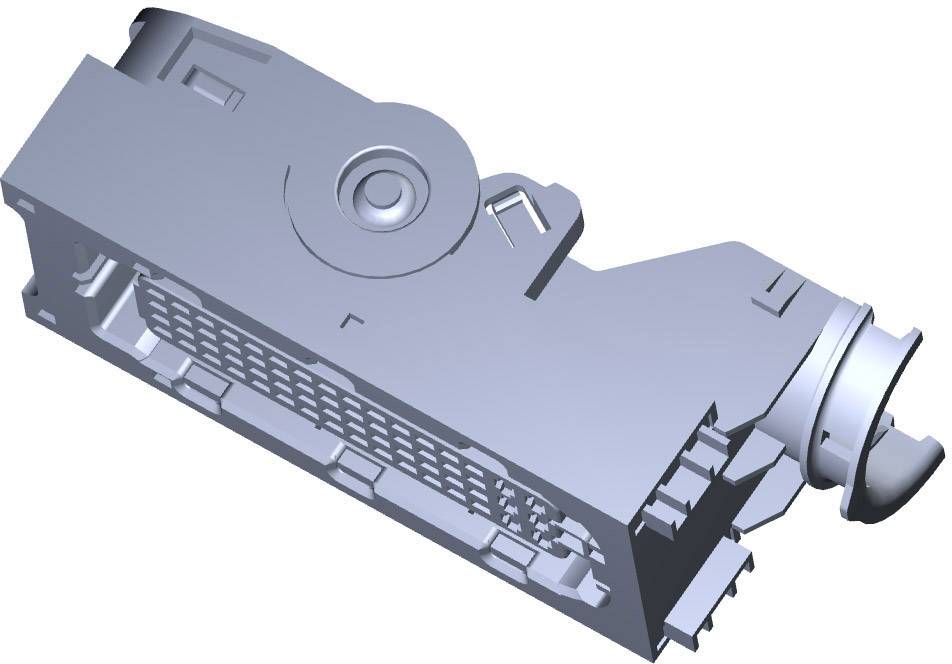 Et 3D-rendering af en teknisk komponent, muligvis en del af et større mekanisk eller elektronisk system.