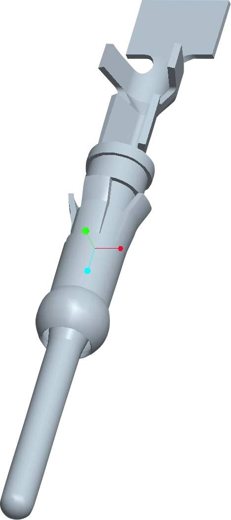 3D-model af en teknisk komponent med aksemarkøringer i rødt, grønt og blåt, som angiver den rumlige orientering.