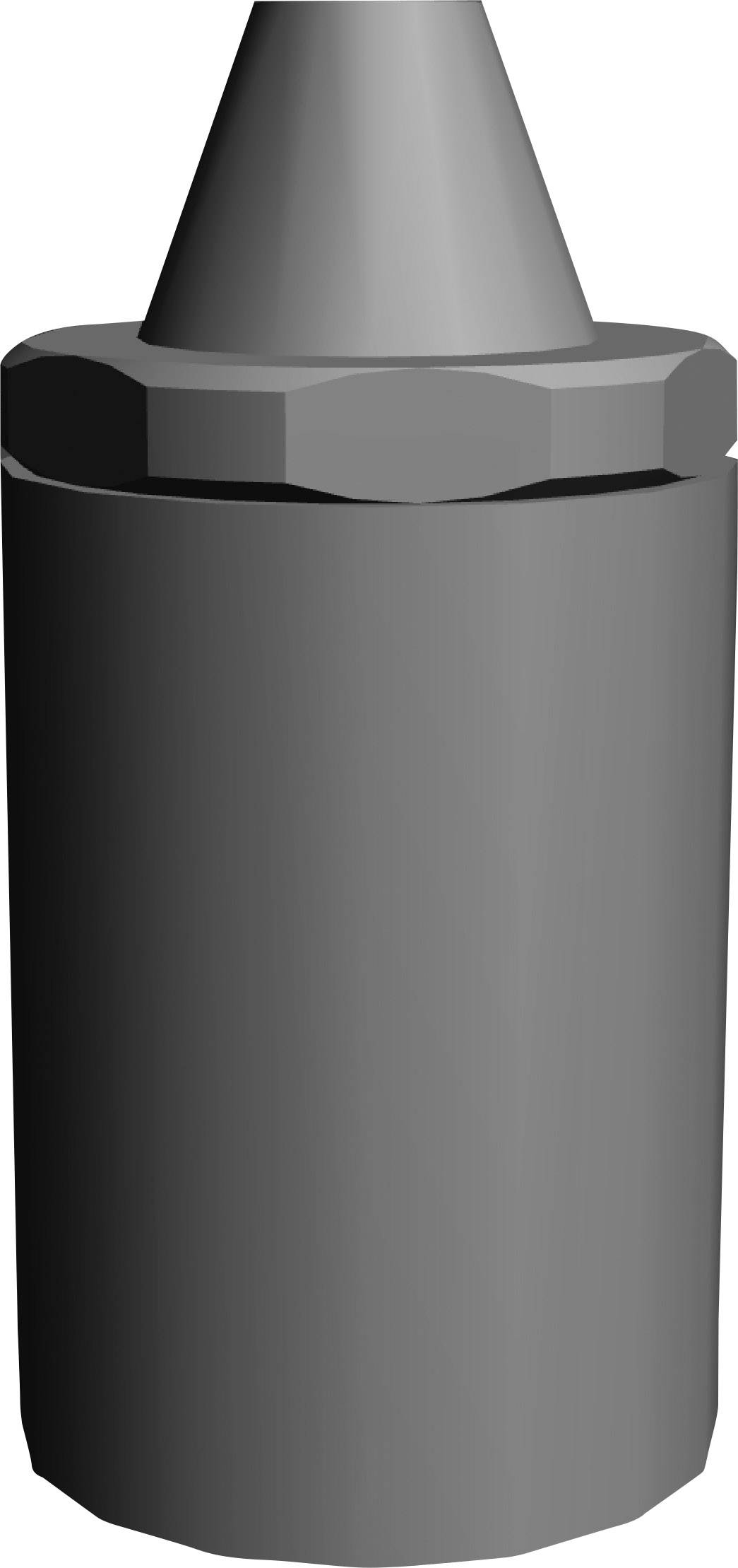 Grå dyse, cylindrisk med konisk spids, sandsynligvis en del af en industriel eller teknisk enhed.