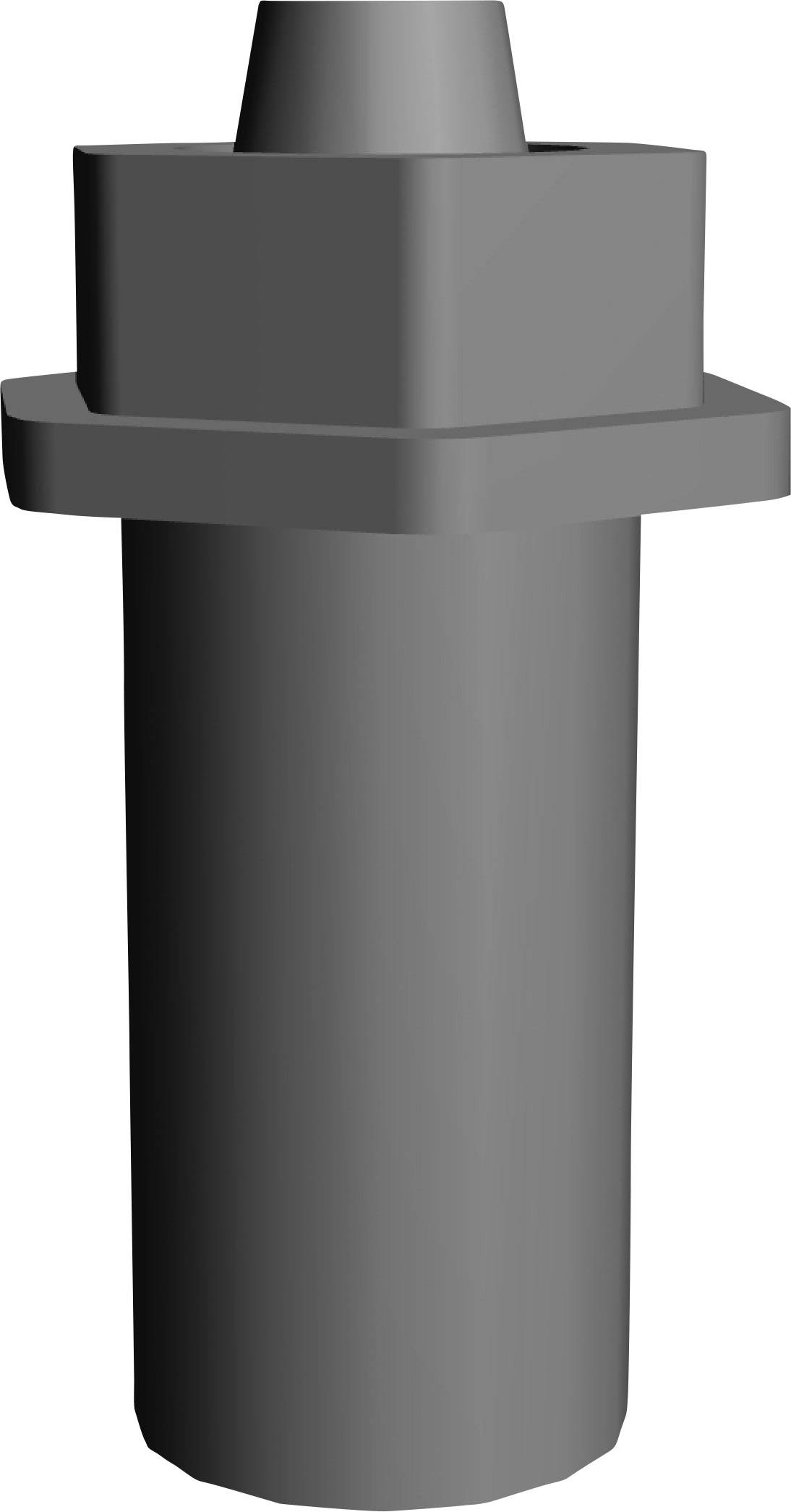 Grå, cylindrisk komponent med en firkantet top og en indsnævring foroven. Sandsynligvis en teknisk model.